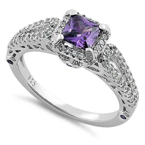 Sterling Silver Lavish Princess Cut Amethyst CZ Ring