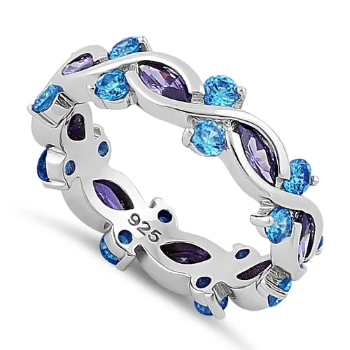 Sterling Silver Eternity Marquise Round Dark Violet & Blue Topaz CZ Ring