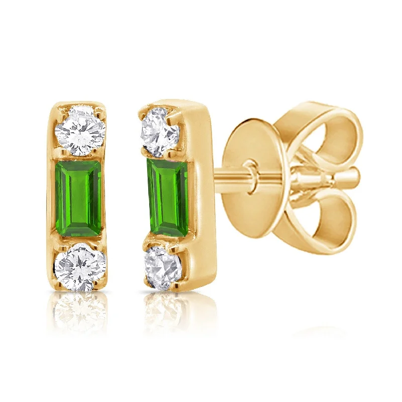 Joelle Diamond & Green Tsavorite Baguette Tiny Stud Earrings 14K Gold