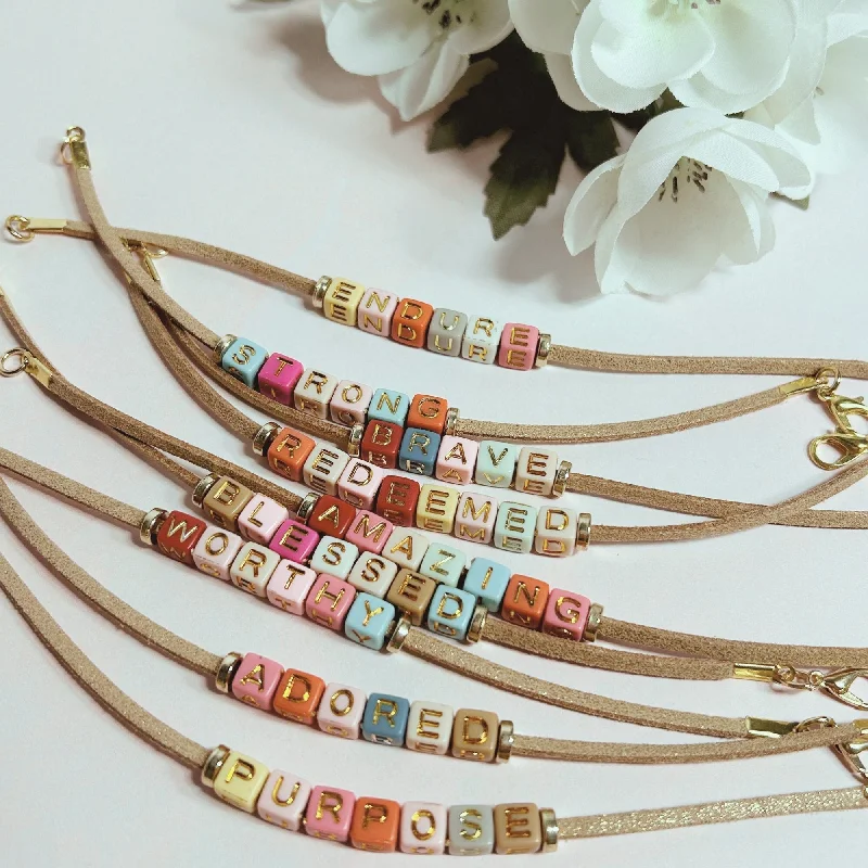 Inspirational Leather and Bead Word Bracelets, Alphabet Bead Bracelet, Teen Gift Ideas, Christian Jewelry