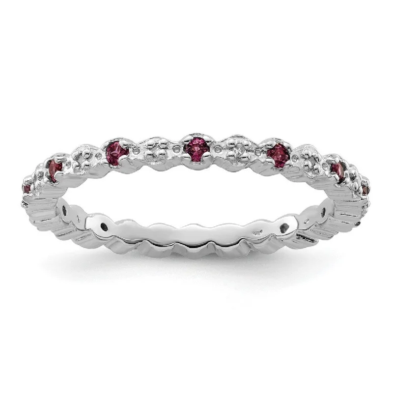 Curata 925 Sterling Silver Polished Prong set Stackable Expressions Rhod. Garnet and Diamond Ring