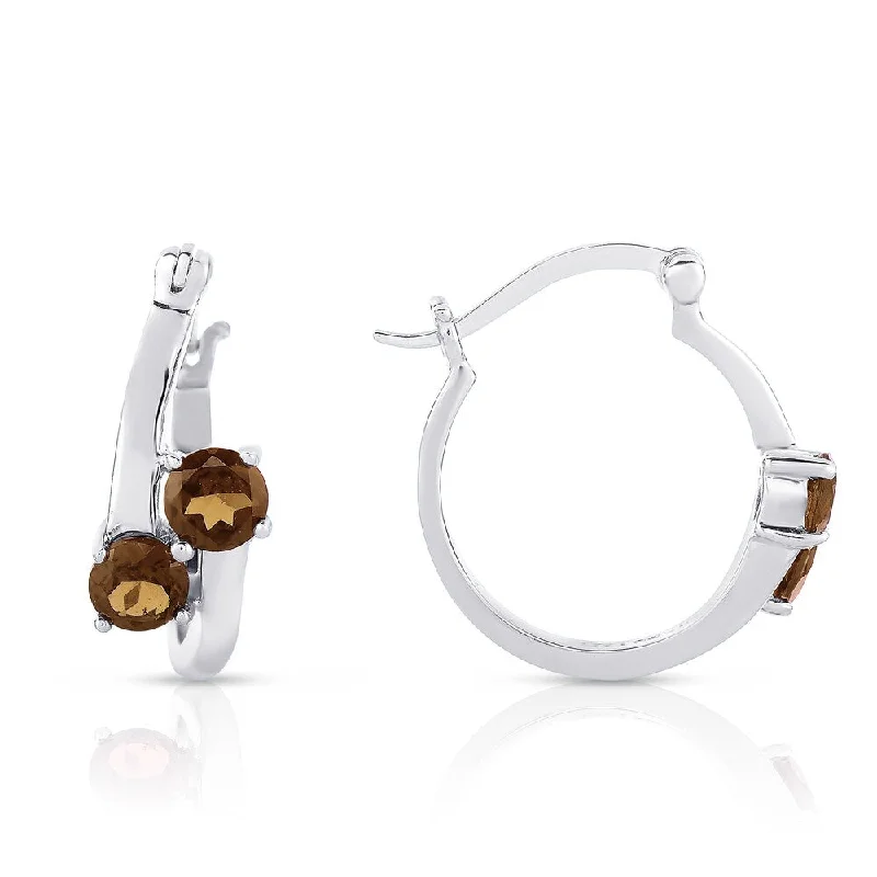 Dolce Giavonna Sterling Silver Smokey Quartz Hoop Earrings