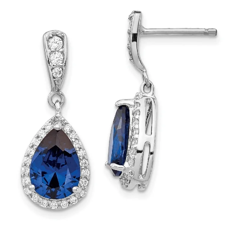 Curata 925 Sterling Silver CZ Cubic Zirconia Synthetic Blue Spinel Dangle Post Earrings - 25x10mm Wide