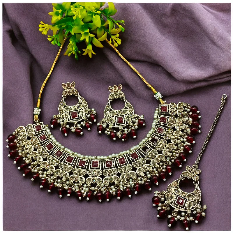 Gehana Mahal Gold Plated Crystal Stone Pearl And Beads Necklace Set