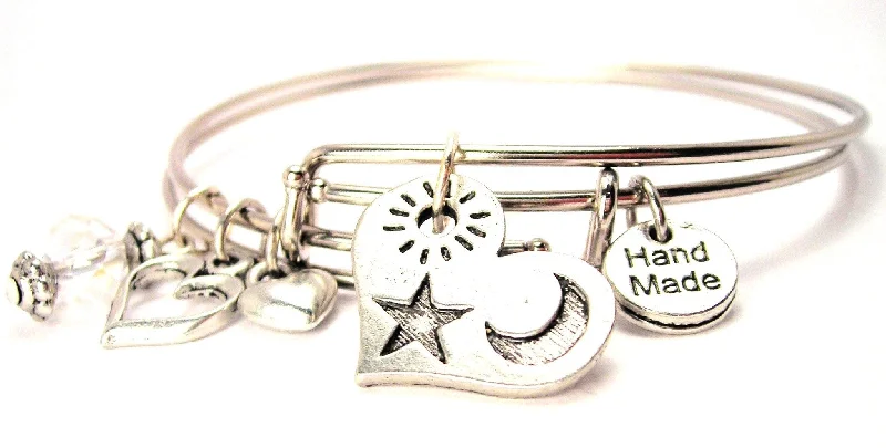 Heart With Sun Moon And Star Expandable Bangle Bracelet Set