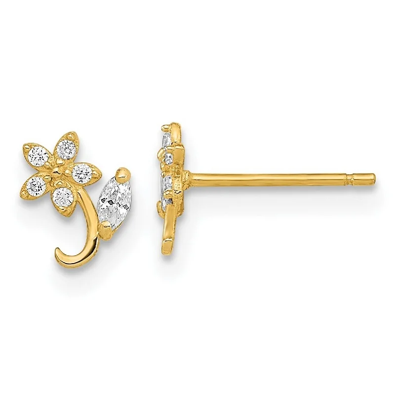 Curata 14k Gold Polished Flower CZ Cubic Zirconia Post Earrings - 5.3x5.3mm Wide