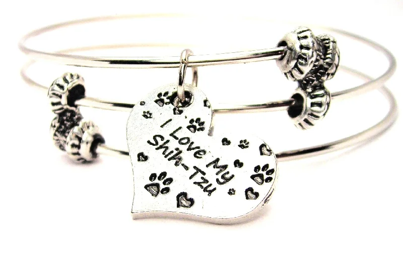 I Love My Shih-Tzu Heart Triple Style Expandable Bangle Bracelet