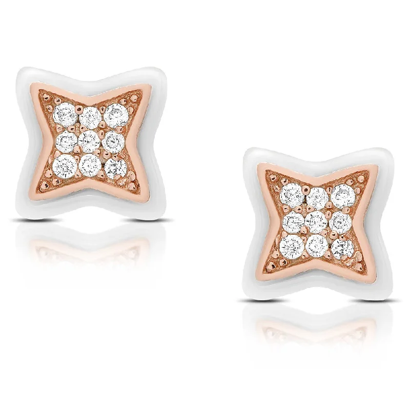 Samantha Stone Sterling Silver Cubic Zirconia Ceramic Clover Stud Earrings