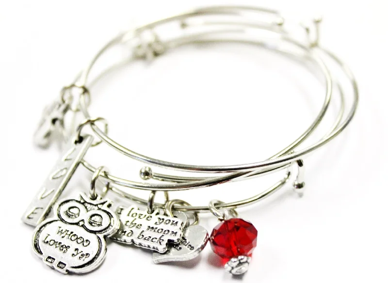 3 Piece Bangle Bracelet Set I Love You To The Moon And Back With Whoo Loves Ya Owl Collection