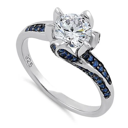 Sterling Silver Round Cut Clear & Blue Spinel CZ Ring