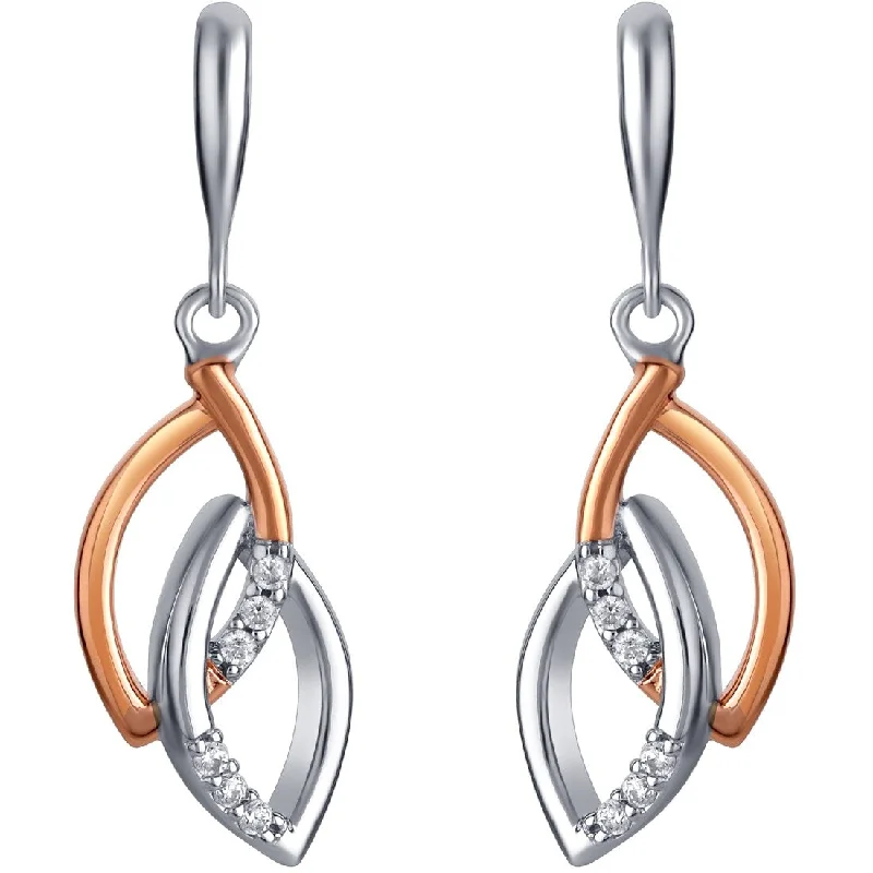 Two-Tone Sterling Silver Cubic Zirconia Open Leaves Drop Earrings