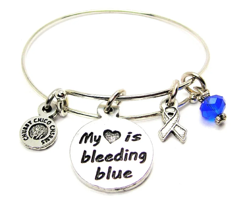 My Heart is Bleeding Blue with Awareness Ribbon Bangle Bracelet