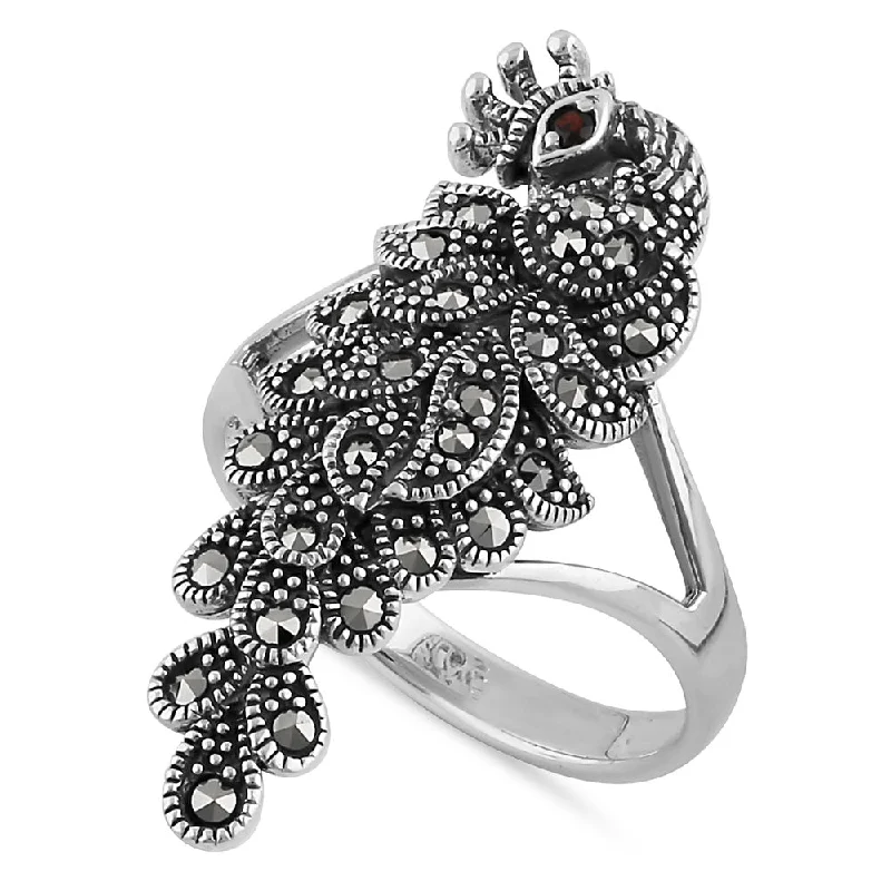 Sterling Silver Elegant Peacock Africa Garnet CZ Marcasite Ring