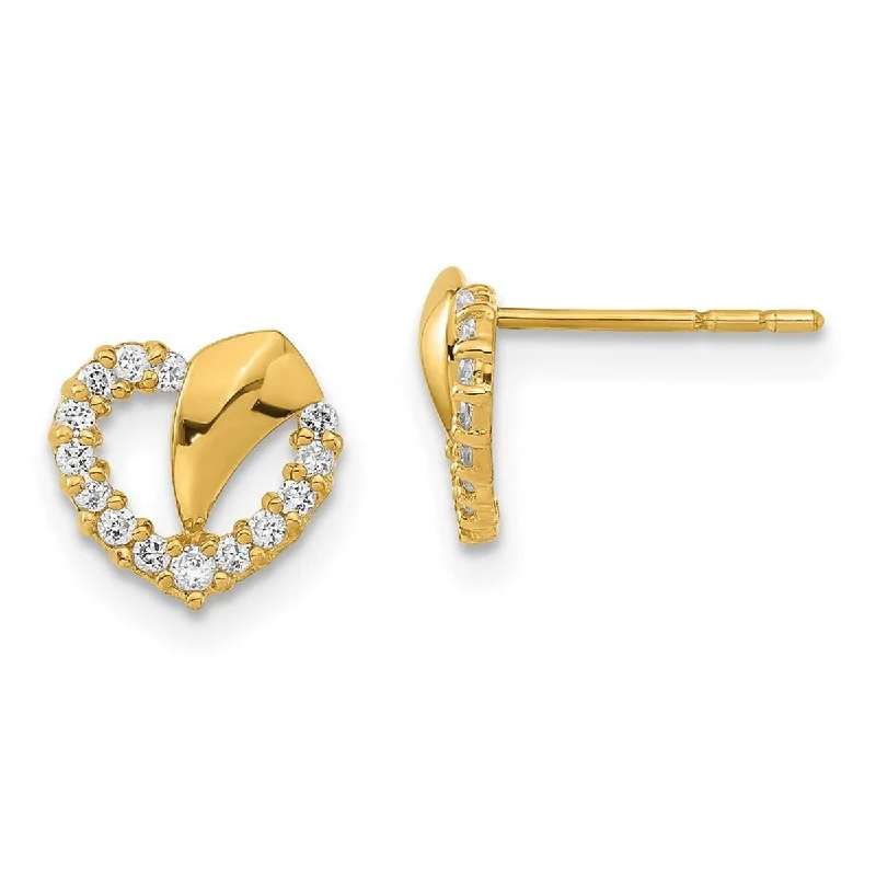 Curata 14k Yellow Gold Polished CZ Cubic Zirconia Love Heart Post Earrings - 8x7mm Wide