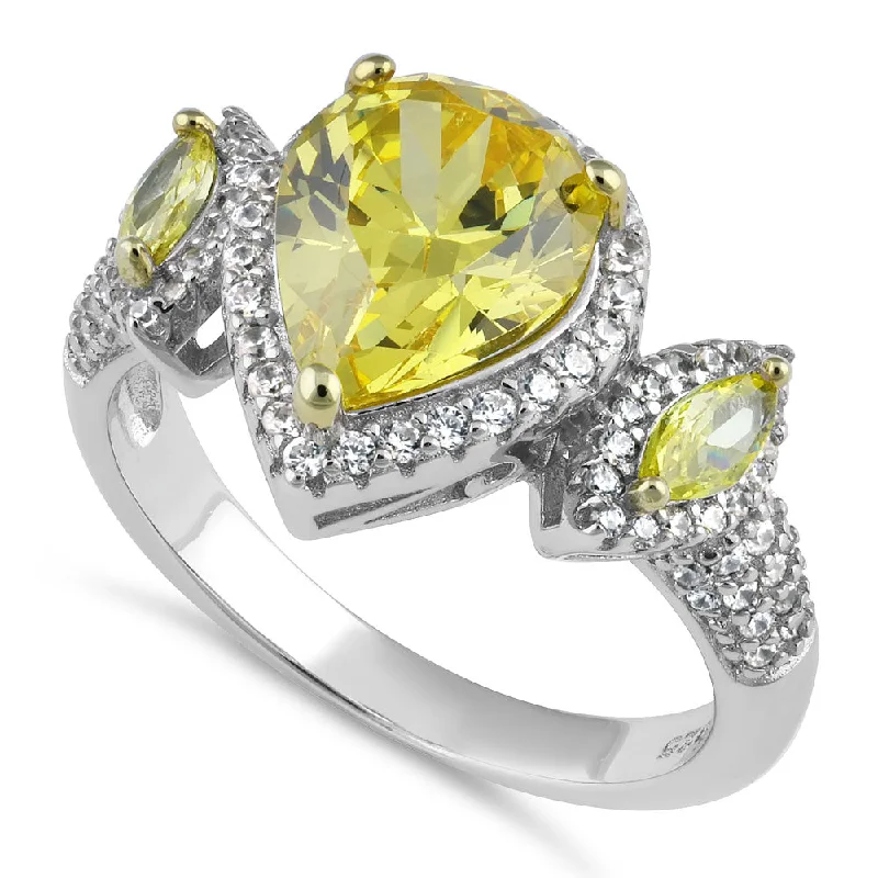 Sterling Silver Yellow Pear-Shape Halo CZ Ring