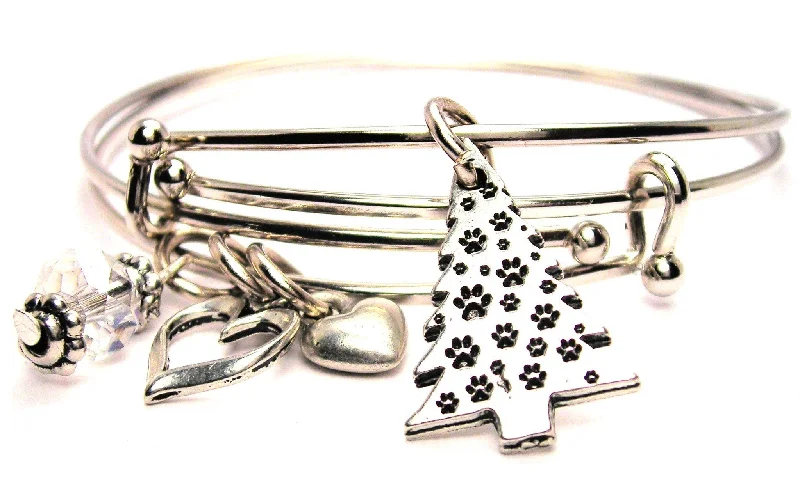 Paw Prints On The Christmas Tree Expandable Bangle Bracelet Set