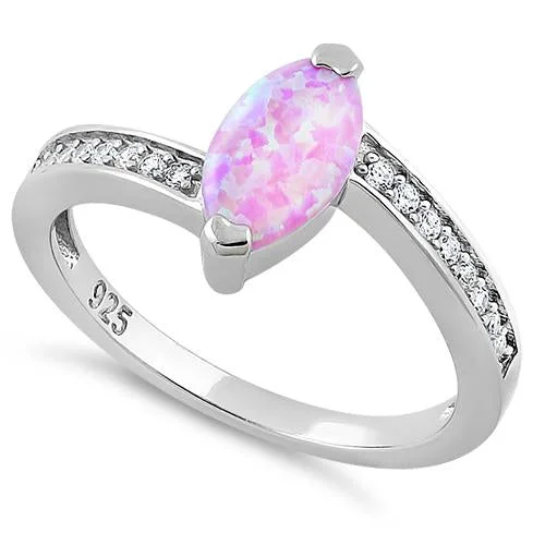 Sterling Silver Stylish Pink Lab Opal Marquise Cut & Clear CZ Ring