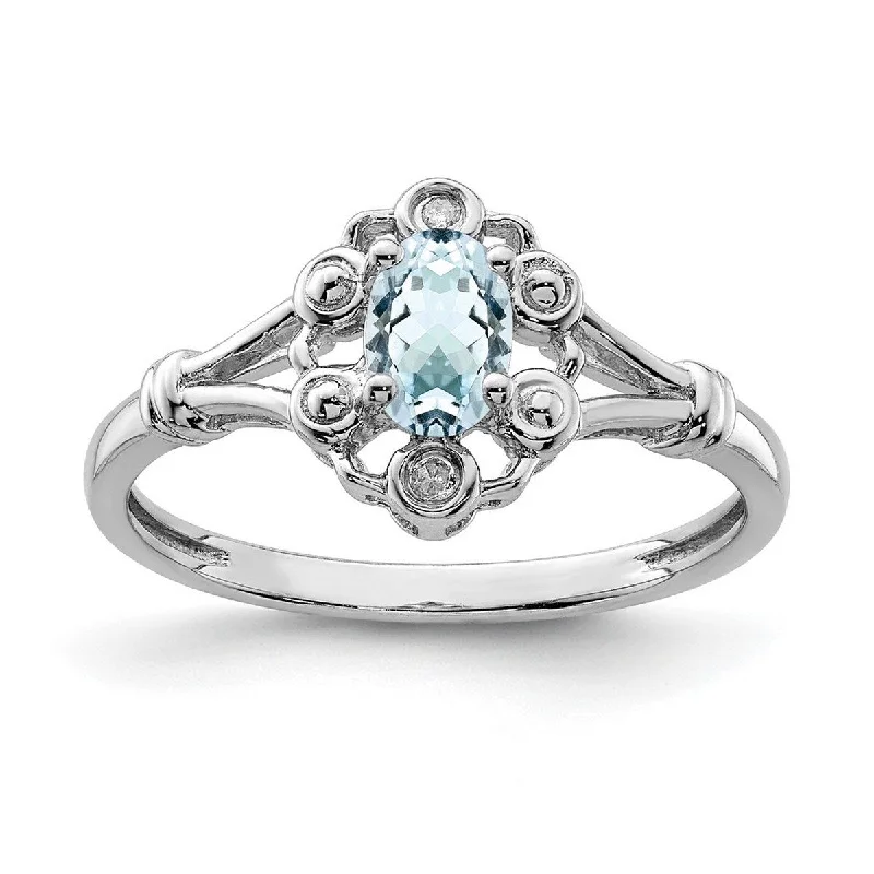 Curata 925 Sterling Silver Polished Open back Aquamarine and Diamond Ring