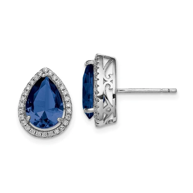 Curata 925 Sterling Silver Polished Created Sapphire and CZ Cubic Zirconia Post Earrings - 14x11mm Wide