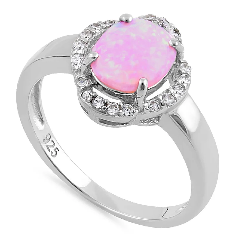 Sterling Silver Elegant Pink Lab Opal Oval Flower Halo CZ Ring