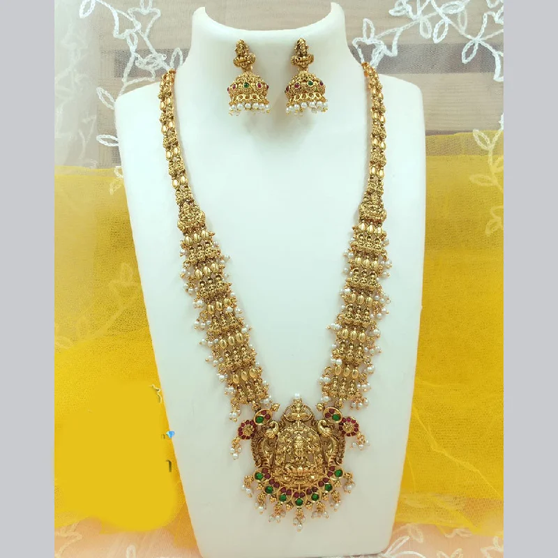 FS Collection Gold Plated Pota Stone And Pearl Temple Long Necklace Set