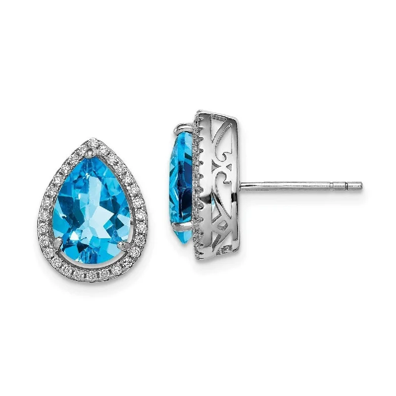 Curata 925 Sterling Silver Polished Blue Topaz and CZ Cubic Zirconia Post Earrings - 14x11mm Wide