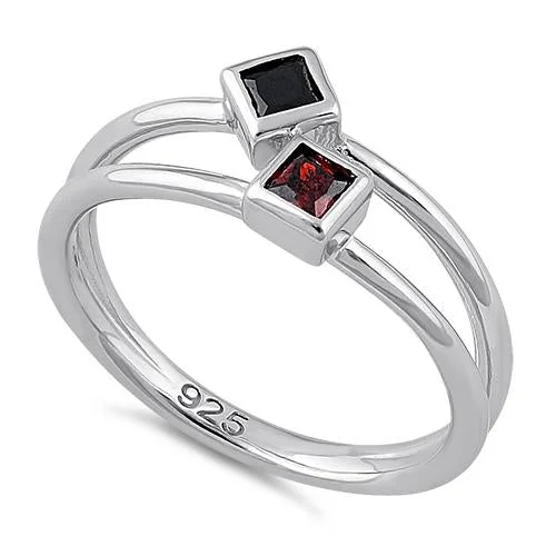 Sterling Silver Double Princess Cut Black & Garnet CZ Ring