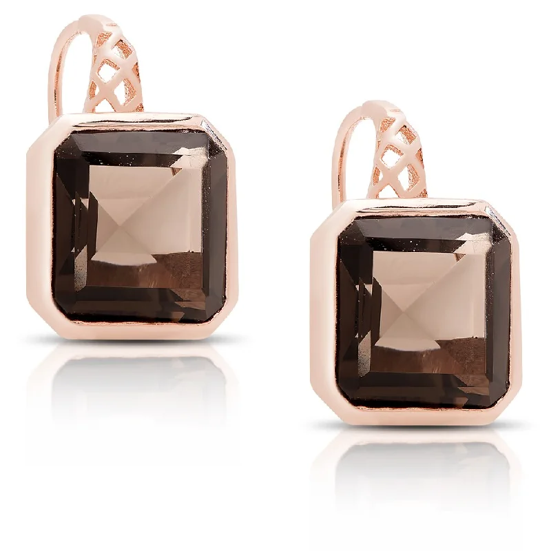 Dolce Giavonna Rose Gold Over Sterling Silver Smokey Quartz Square Leverback Earrings - Rose Gold