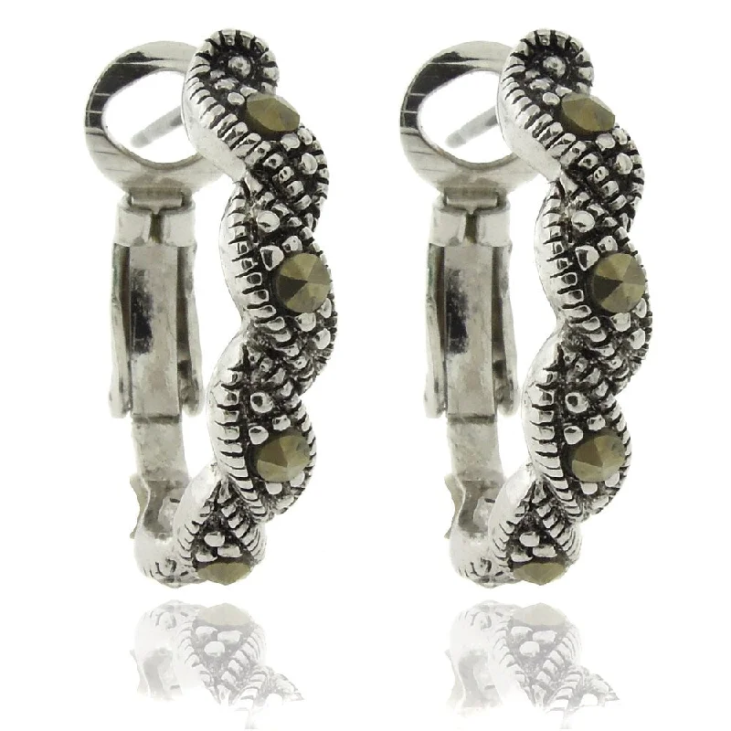 Dolce Giavonna Silver Overlay Marcasite Twisted Omega Hoop Earrings