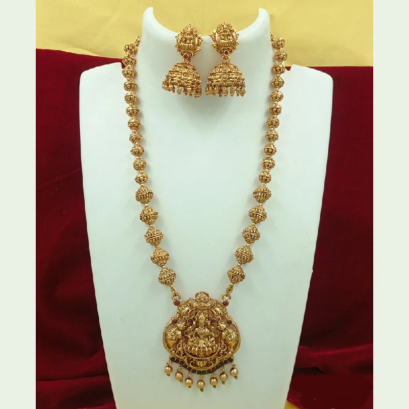 Joyful Jewel Art Matte Gold Plated Pota Stone Temple Long Necklace Set