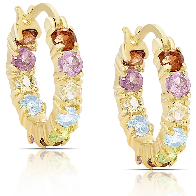 Dolce Giavonna Gold over Sterling Silver Multi Gemstone Hoop Earrings