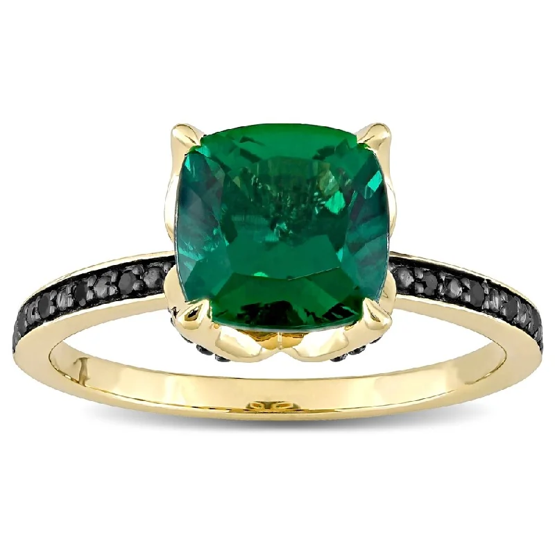 Miadora 10k Yellow Gold Cushion-Cut Created Emerald and Black Diamond Ring