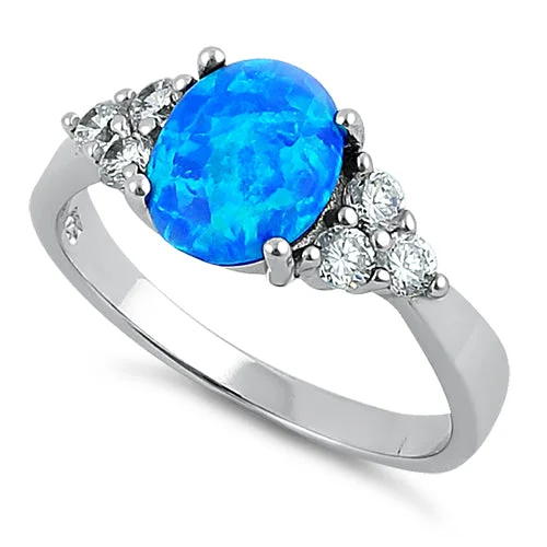 Sterling Silver Large Oval Blue Lab Opal CZ Ring