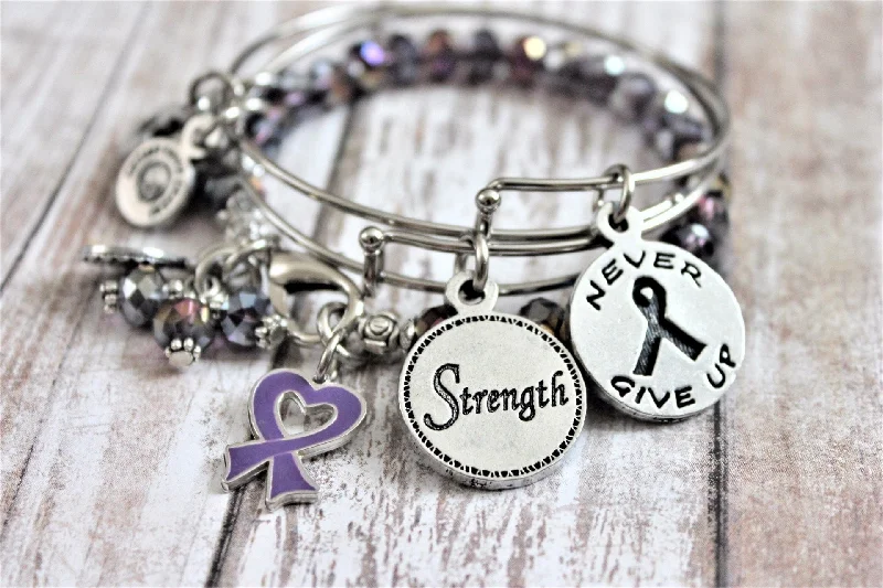 3 Bracelet Set Crohn's Disease Awareness Ribbon Never Give Up And Strength Expandable Bangle Bracelet Splash Of Color Set