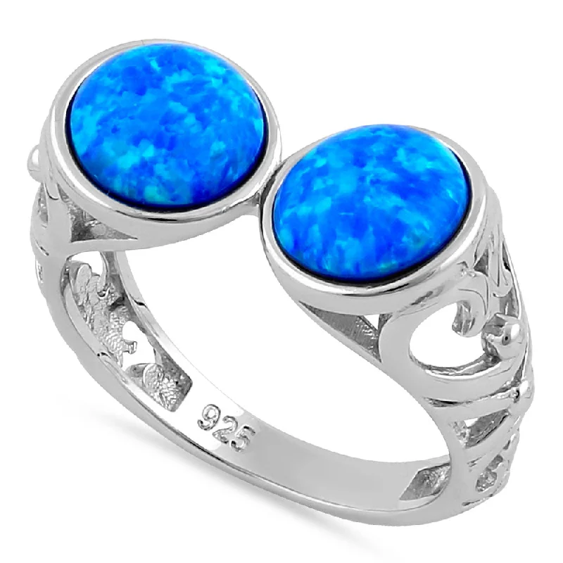 Sterling Silver Filigree Blue Lab Opal Double Sphere Ring