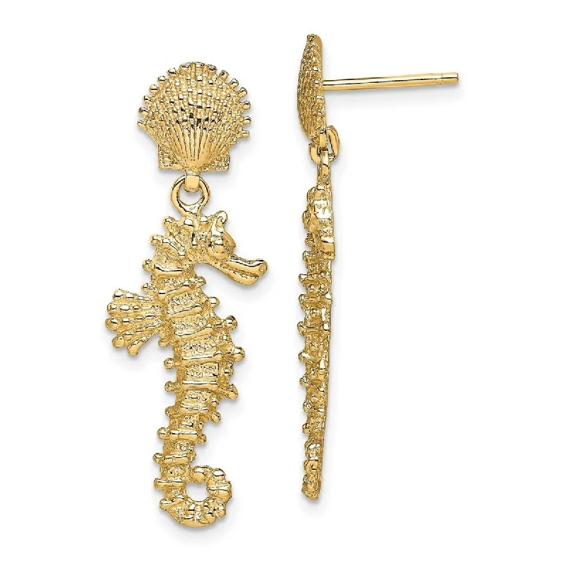 Curata 14k Yellow Gold Seahorse Dangling From Shell Earrings - 30.25x11.2mm