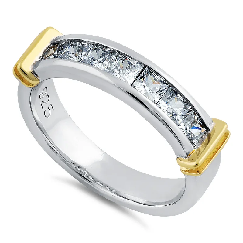 Sterling Silver Men's Two Tone Yellow Gold Wedding Band CZ Ring