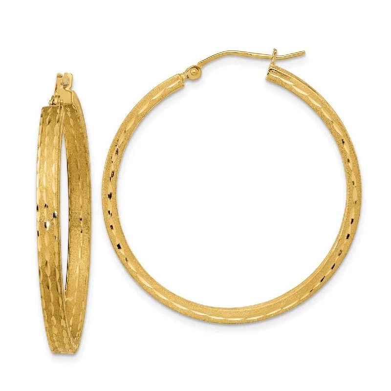 Curata 14k Yellow Gold Satin and Sparkle Cut 37.54x3mm Hoop Earrings