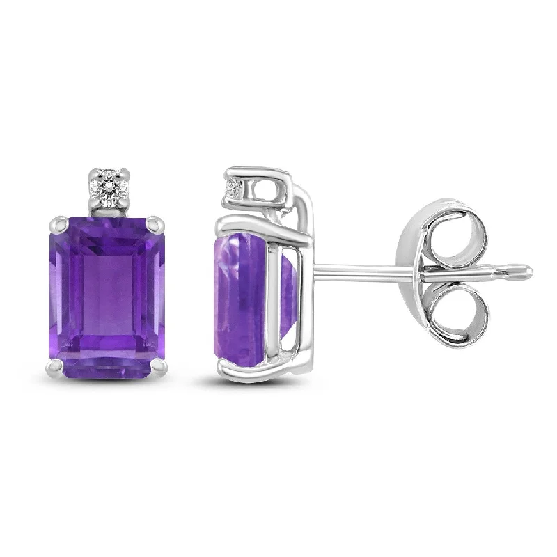 Marquee 14K White Gold 6x4MM Emerald Shaped Amethyst and Diamond Earrings