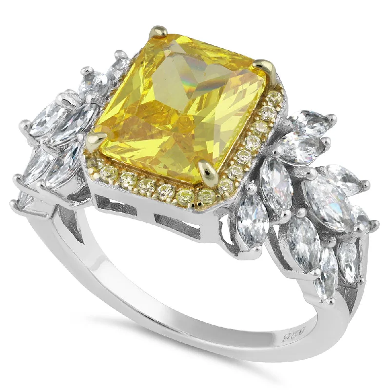 Sterling Silver Yellow Emerald-Cut Halo CZ Ring