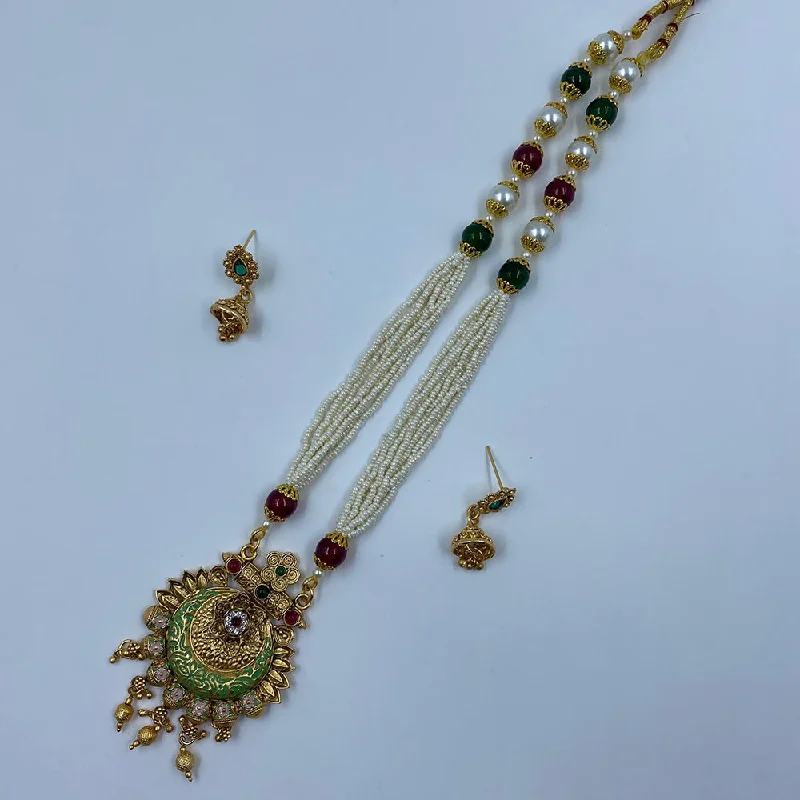 The Fashion Jewels Gold Plated Pota Stone And Pearl Long Necklace Set