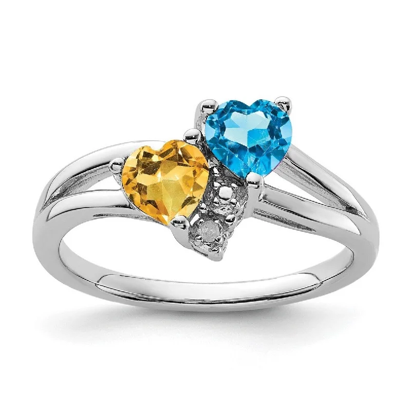 Curata 925 Sterling Silver Polished Open back Blue Topaz and Citrine Diamond Ring