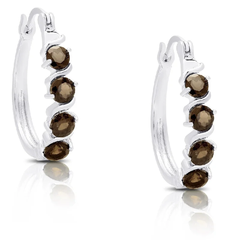 Dolce Giavonna Sterling Silver Smokey Quartz Leverback Hoop Earrings