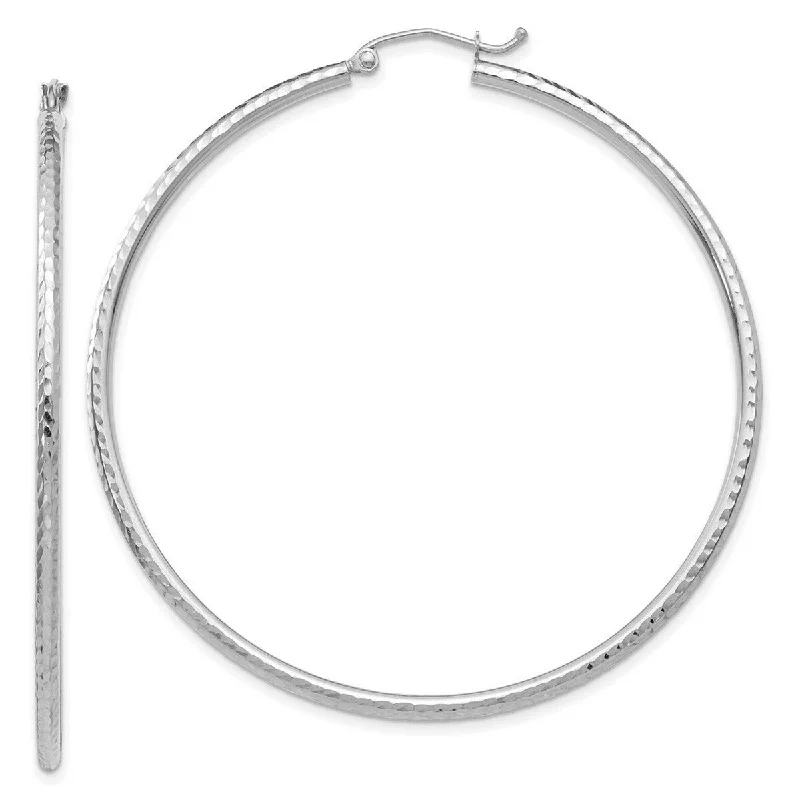 Curata 14k White Gold Rhodium-plated Diamond-cut 2x55mm Round Hoop Earrings