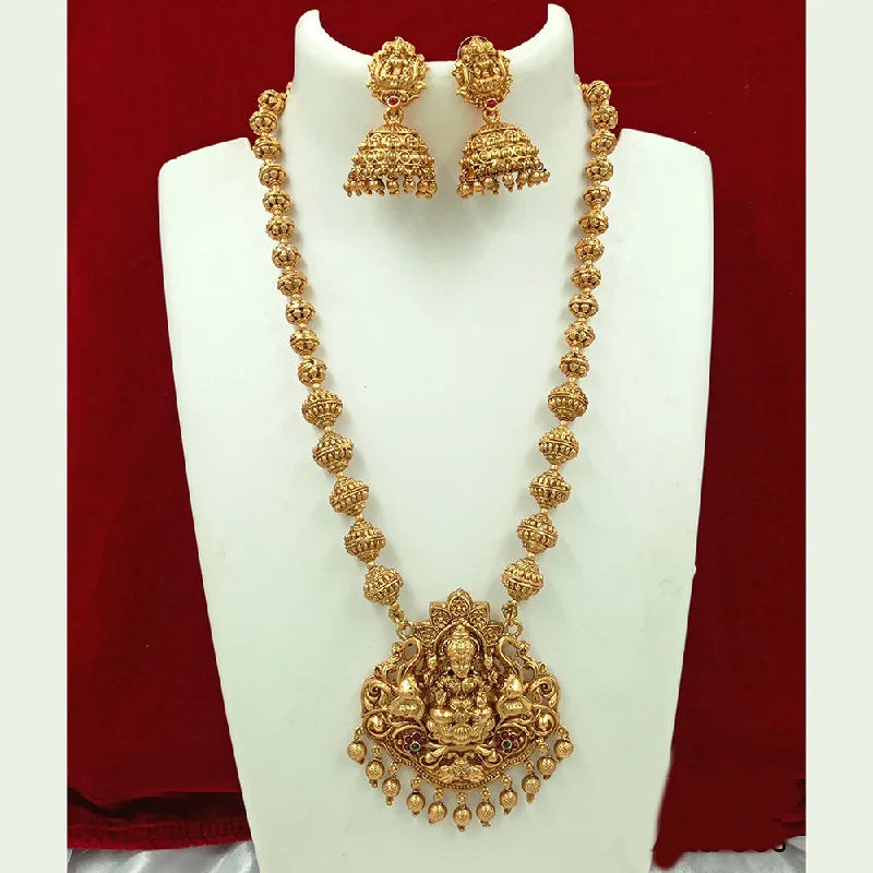 Joyful Jewel Art Matte Gold Plated Pota Stone Temple Long Necklace Set