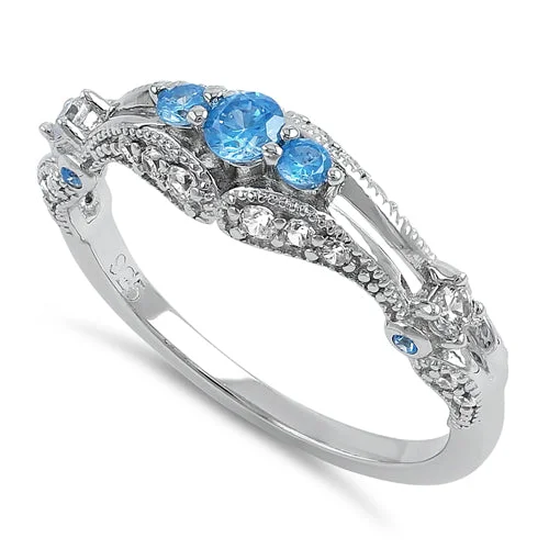 Sterling Silver Filigree Blue Topaz CZ Ring