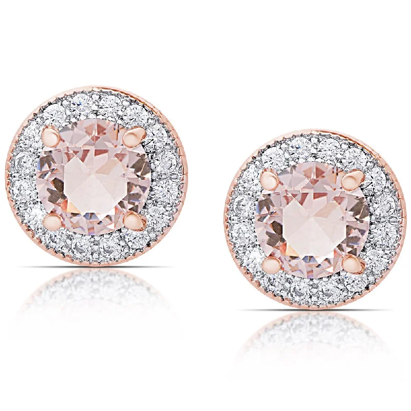 Dolce Giavonna Rose Gold Overlay Morganite and Cubic Zirconia Round Halo Stud Earrings