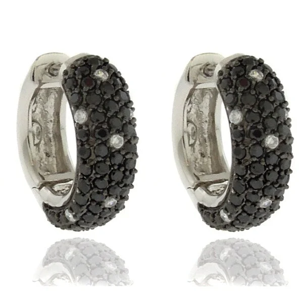 Dolce Giavonna Silver Overlay Cubic Zirconia Black and White Dotted Hoop Earrings