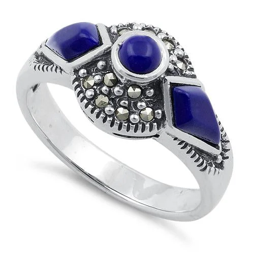 Sterling Silver Blue Lapis Round Halo Marcasite Ring