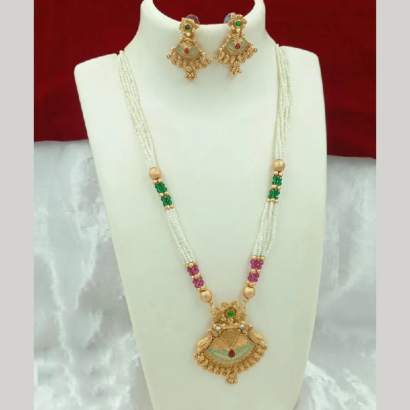 FS Collection Gold Plated Pota Stone And Pearl Meenakari Long Necklace Set